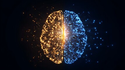 An artistic representation of a brain, split into two halves showcasing contrasting colors of orange and blue, symbolizing creativity and logic.