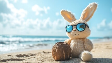 A plush bunny with sunglasses leaning against a coconut on the beach