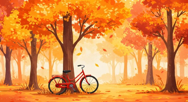 Cartoon illustration of a red bicycle leaning against a tree in a vibrant autumn forest