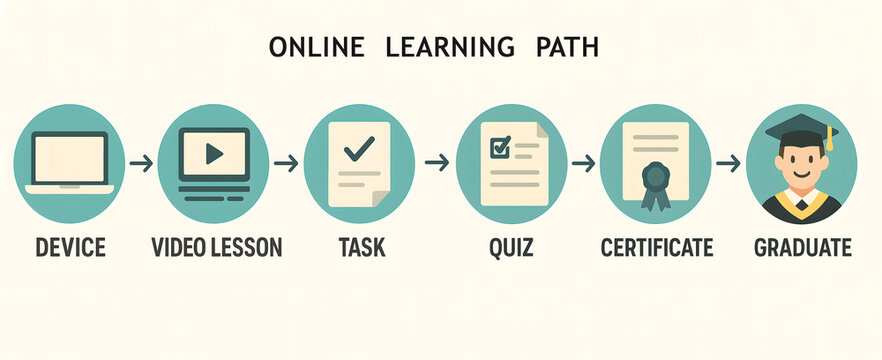 Infographic of Online Learning Process from Video Lessons to Certificate and Graduation