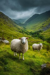 Fototapeta premium Fluffy Irish sheep graze on lush green hills bordered by low stone fences under a dramatic cloudy sky.