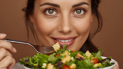 Closeup woman eating healthy food salad, focus on salad and fork.