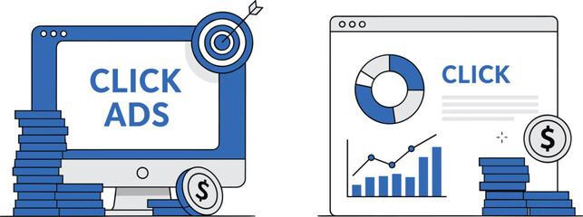 Digital Marketing and PPC Campaign Vector Illustration Set Featuring Monitor with Click Ads, Target, Performance Chart, and Stacked Dollar Coin Revenue.