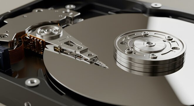 Close-up of a hard drive mechanism showing spinning disk, actuator arm, and read/write heads