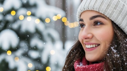 Smiling woman in winter hat and red scarf with snow on her hair looking away, festive bokeh lights in snowy forest background for New Year and Christmas.