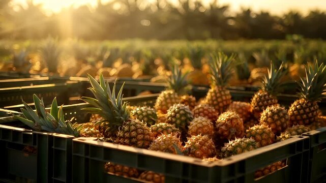 pineapples in crates at sunset.