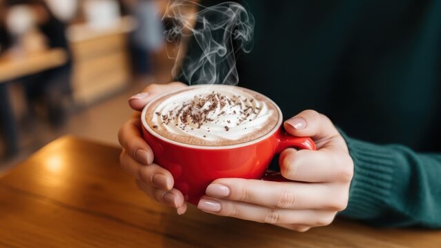 Woman holding red mug with steaming hot chocolate and whipped cream. Cozy winter drink with chocolate shavings for warmth and comfort. - Powered by Adobe