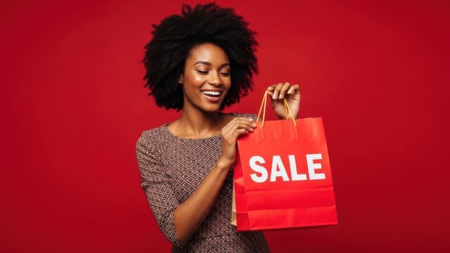 Smiling happy african american woman holding red shopping bag with sale text. Black Friday shopping, special offer concept. - Powered by Adobe