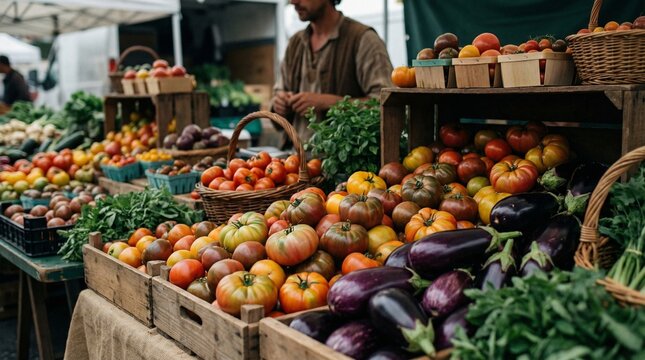 Vibrant assortment of heirloom tomatoes and eggplants displayed at outdoor farmers market stall