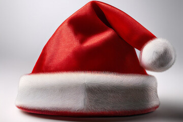 Bright Red Santa Hat With White Fur Trim on Plain Bg