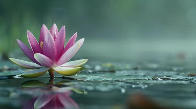Cinematic timelapse of a single water lily bud emerging above still pond water and slowly opening into a fully bloomed flower. Soft morning light, natural reflections, and serene botanical atmosphere.