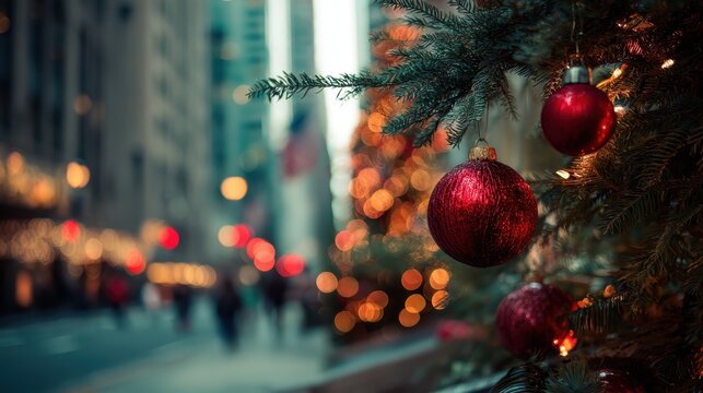 Christmas ornaments hanging on a pine tree branch, festive city street lights creating a bokeh background, celebrating holiday season in an urban environment
