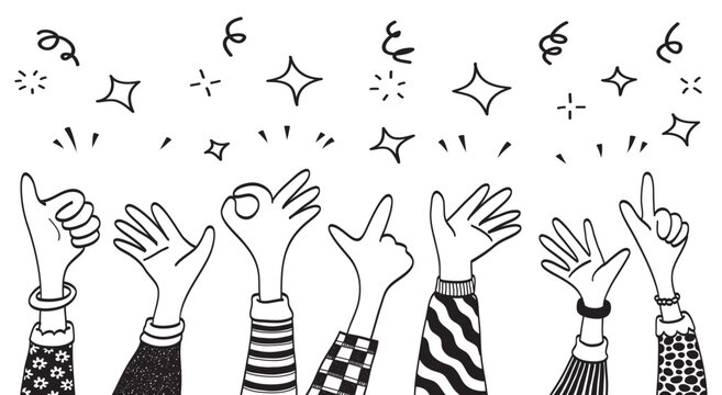 Applause hand draw, doodle clapping ovation. thumbs up gesture isolated on white background, vector illustration.