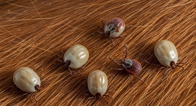 Close-up of ticks on animal fur, showing varying engorgement stages and detail