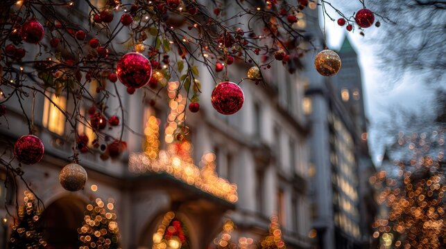 Christmas ornaments and red berries hanging from tree branches with warm bokeh lights illuminating buildings and festive street decorations, evoking holiday cheer - Powered by Adobe