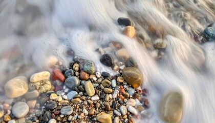 Waves wash over smooth beach pebbles in a blur of motion, creating a soft, dreamlike effect near the shoreline