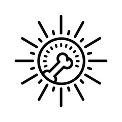 Black and white line art icon representing a bone radiating sunlike rays, symbolizing bone health or vitamin d, isolated on