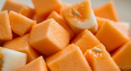 Close-up view of a pile of freshly cut cantaloupe, showing orange flesh and seeds