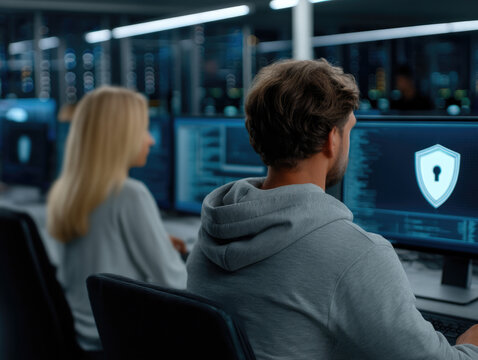 Cybersecurity professionals monitor data on computer screens in modern office, focusing on digital protection and teamwork