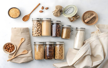 Pantry staples arranged elegantly: A still life of diverse, healthy dry goods and ingredients. The scene emphasizes sustainability, eco-friendly living, and organic choices.