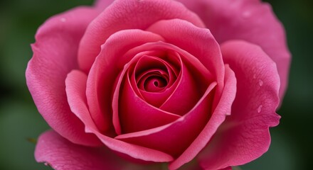Fototapeta premium Close-up of a vibrant pink rose, with intricate petals, in full bloom against a blurred green backdrop