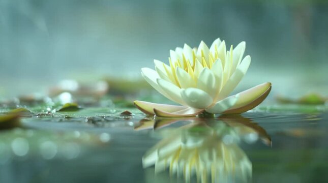 Cinematic timelapse of a single water lily bud emerging above still pond water and slowly opening into a fully bloomed flower. Soft morning light, natural reflections, and serene botanical atmosphere.