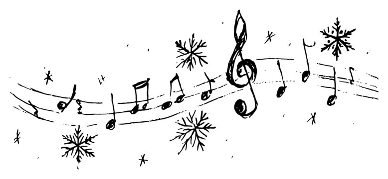 Scribbled rough sketch of musical staff with flowing notes and falling snowflakes vector illustration