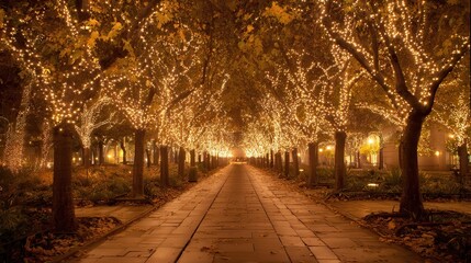 Park walkway stretching into the distance at night, lined with trees wrapped in countless glowing string lights, creating an enchanting and inviting ambiance