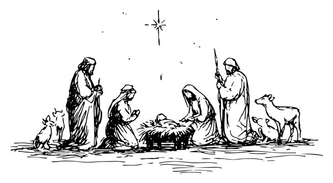 Rough artistic sketch of traditional nativity scene with holy family and shepherds vector illustration