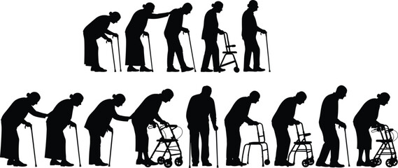 Aging Process and Mobility Aids Concept, Featuring Silhouettes of Elderly People, Seniors, and Grandparents Using Walkers and Canes, Symbolizing 