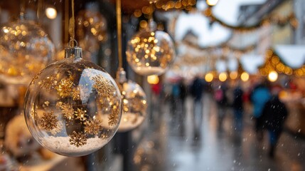 Transparent christmas baubles hanging at a festive market, sparkling with golden snowflakes and glitter, snow gently falling on blurred people and bokeh lights