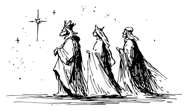 Loose hand drawn doodle of three wise men following the guiding star of bethlehem vector illustration