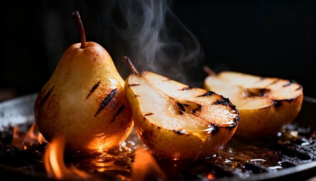 Delicious grilled pears with caramelization and smoke on cast iron pan