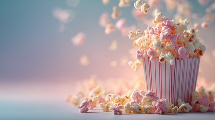 Cinema popcorn in a striped box used for snack advertising, food marketing, product promotion, packaging visuals, and commercial branding. Pastel popcorn textures enhance food appeal for retail banner