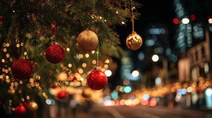 Holiday ornaments hanging from fir branches, shimmering with festive lights, creating a merry christmas atmosphere on a city street at night with bokeh light trails