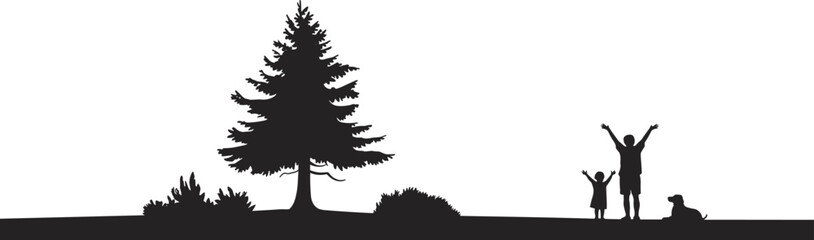 Silhouette of parent and child with dog celebrating in nature near pine tree and bushes in outdoor landscape vector art