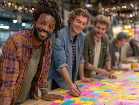 African American man smiling at camera while collaborating with diverse team on colorful sticky notes in a modern workspace, showcasing teamwork and creativity