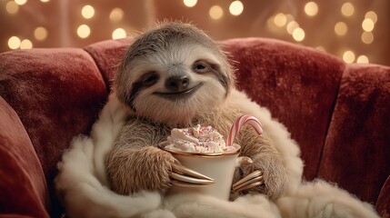 Obraz premium Holiday sloth with cocoa for festive advertising, retail branding, seasonal product promotion, and Christmas marketing visuals. Warm cozy setup enhances commercial holiday storytelling, banners