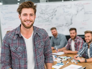 Smiling young man in a plaid shirt stands confidently in a modern office, surrounded by colleagues engaged in a collaborative brainstorming session with creative tools