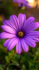 Fototapeta premium Close-up of a vibrant purple daisy-like flower, showcasing details against a blurred backdrop