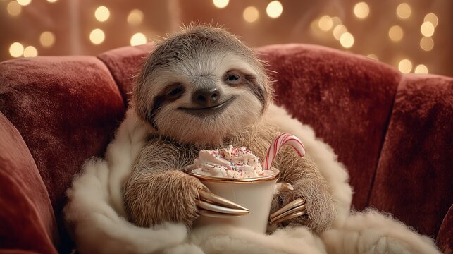 Holiday sloth with cocoa for festive advertising, retail branding, seasonal product promotion, and Christmas marketing visuals. Warm cozy setup enhances commercial holiday storytelling, banners