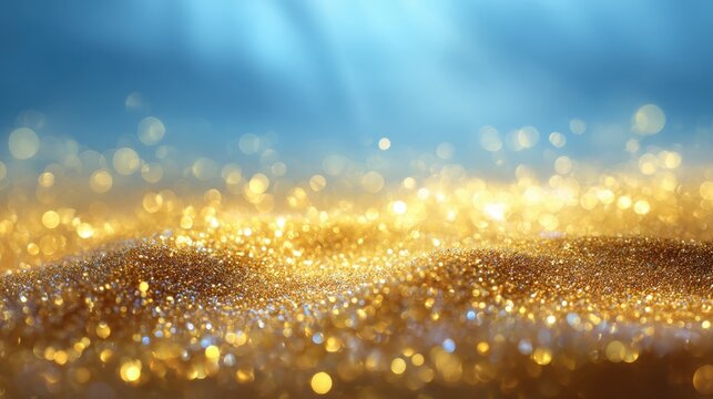 Shimmering golden glitter creating a vibrant, sparkling texture, contrasting with a soft blue bokeh background and subtle light rays, evoking feelings of luxury, celebration, and magic