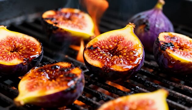 Grilling fresh figs for a sweet summer treat with flames and smoke photo