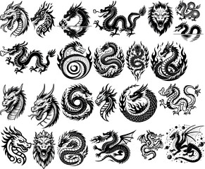 Collection of dragon illustration set design mystical creatures tattoo graphic