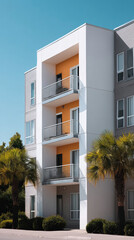 Modern apartment building with white and orange facade, balconies, palm trees, and clear blue sky, urban residential architecture