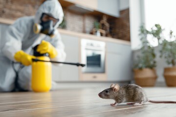 Exterminator with Safety Suit Treating Rat Problem in Home