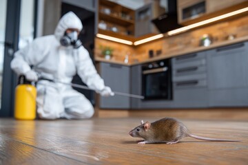 Brown Rat Running from Technician Spraying Poison in Kitchen