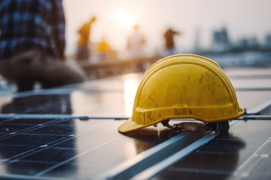 Construction Worker with Solar Panel and Safety Helmet - Powered by Adobe