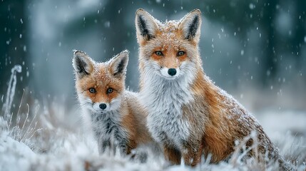 Naklejka premium Adorable red fox mother stands next to her small cub in a snowy field with soft winter light and falling snowflakes in a heartwarming scene.