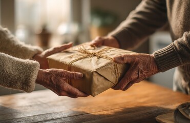 Elderly couple exchanging wrapped present at home table
